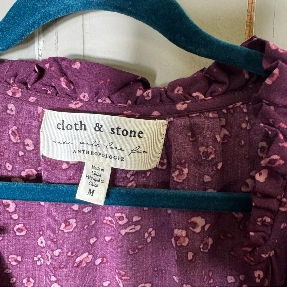 Anthropologie Cloth & Stone Jinna Floral Ruffle Blouse Purple Medium - Picture 4 of 11